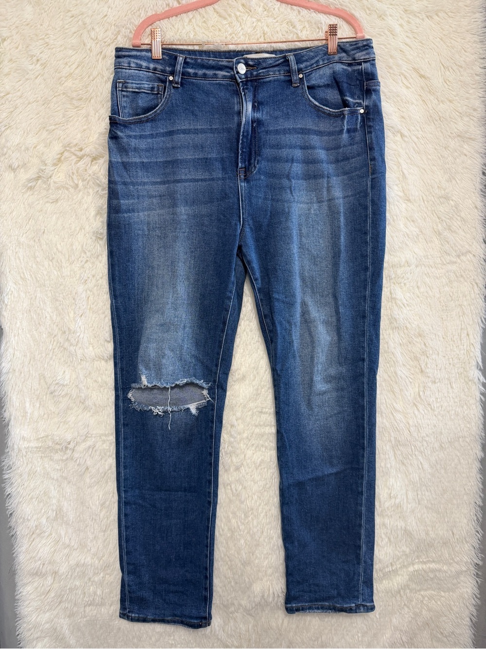 Risen Womens Distressed High Rise Straight Leg Jeans Size 1XL Medium Wash Grunge